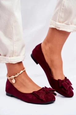 Outlet Boto Baleriny Damskie Bordowe Zamszowe Jordos