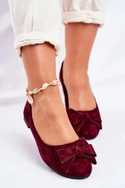 Outlet Boto Baleriny Damskie Bordowe Zamszowe Jordos