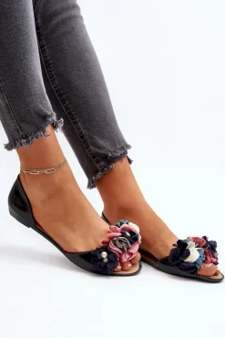 Damskie Boto Baleriny Damskie Gumowe Z Kwiatami Czarne Junikla