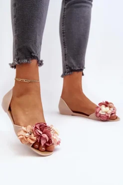 Boto Baleriny Klasyczne*Baleriny Damskie Gumowe Z Kwiatami Beżowe Junikla