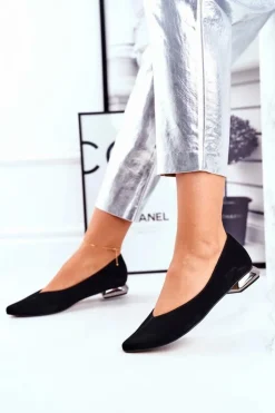 Damskie Laura Messi Baleriny Damskie Skórzane Czarne 2149