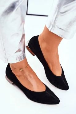 Damskie Laura Messi Baleriny Damskie Skórzane Czarne 2149