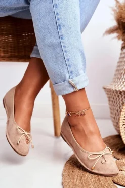 Boto Baleriny Klasyczne*Baleriny Damskie Lu Boo Zamszowe Beżowe Layla