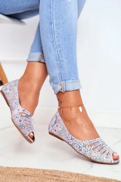 Damskie Maciejka Baleriny Damskie Skórzane Biało Niebieskie we wzory 03497-13