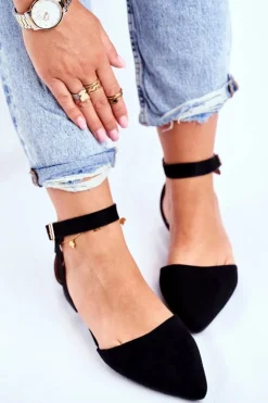 Boto Baleriny Damskie Płaskie Czarne Na Pasek W Szpic Allison