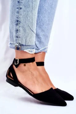 Boto Baleriny Damskie Płaskie Czarne Na Pasek W Szpic Allison