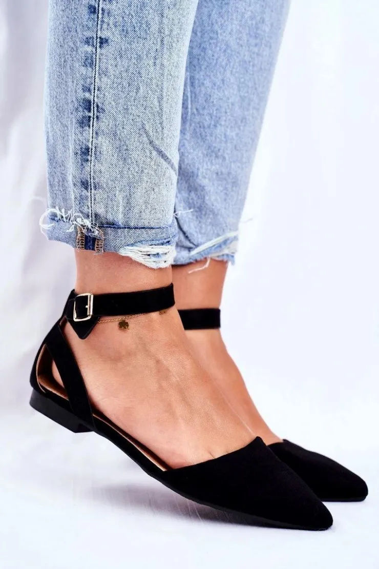 Boto Baleriny Damskie Płaskie Czarne Na Pasek W Szpic Allison