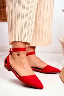 Outlet Boto Baleriny Damskie Płaskie Czerwone Na Pasek W Szpic Allison