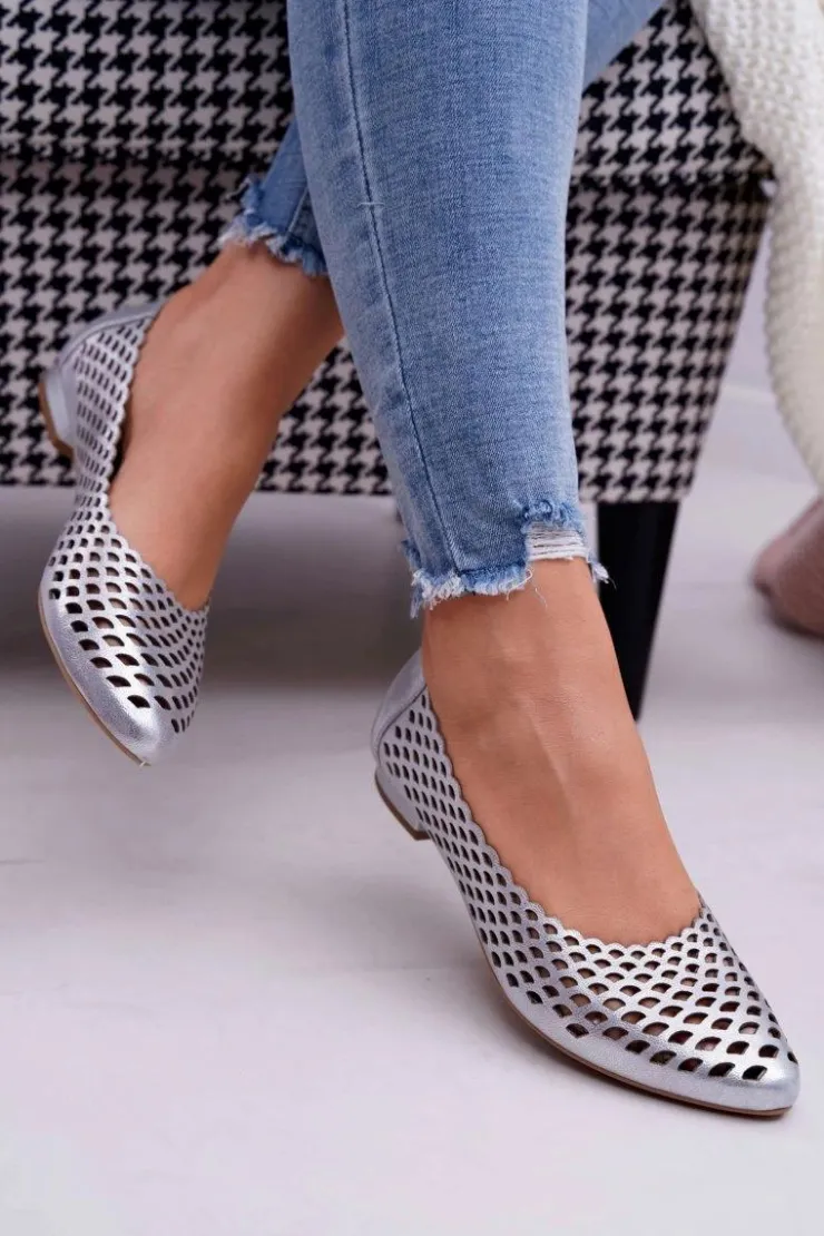 Boto Baleriny Skórzane|Baleriny Klasyczne*Baleriny Damskie Srebrne Skórzane Exquisite 1107/1