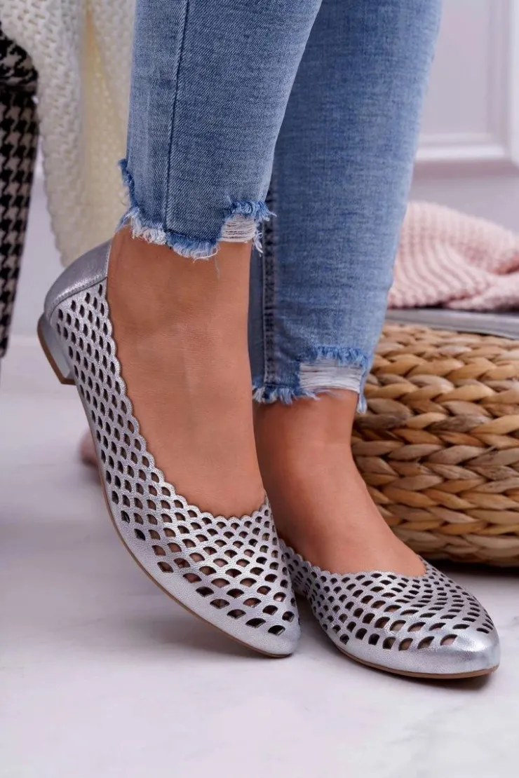 Boto Baleriny Skórzane|Baleriny Klasyczne*Baleriny Damskie Srebrne Skórzane Exquisite 1107/1