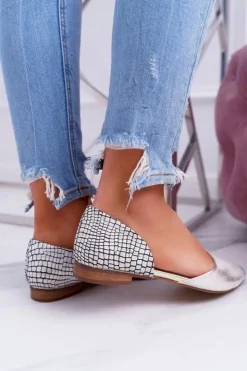 Damskie Boto Baleriny Damskie W Szpic Wzór Krokodyla Skórzane Złote Anthem