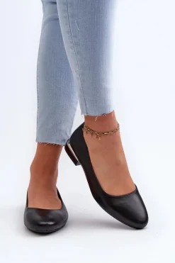 Damskie Buty Sergio Leone Baleriny Damskie Z Eko Skóry Na Niskim Obcasie Czarne Sergio Leone PB202