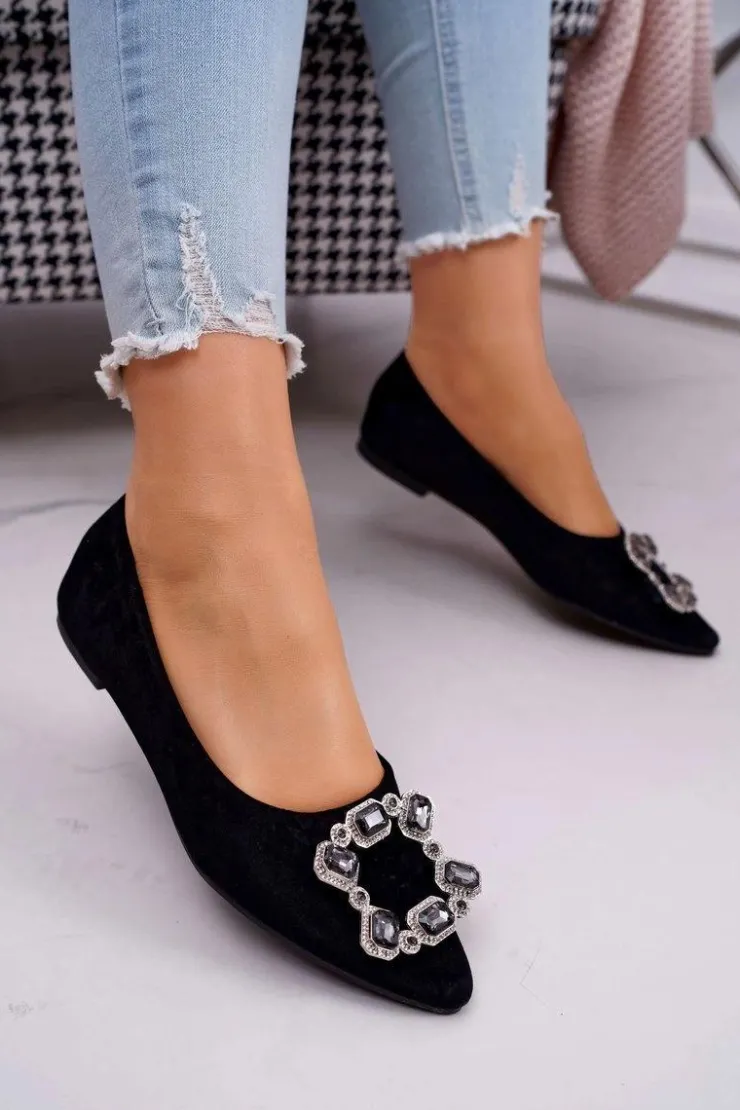 Boto Baleriny Klasyczne*Baleriny Damskie z Kamieniami Czarne Divine