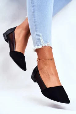 Sale Evento Baleriny Damskie Z Siateczką Zamsz Czarne Fibe