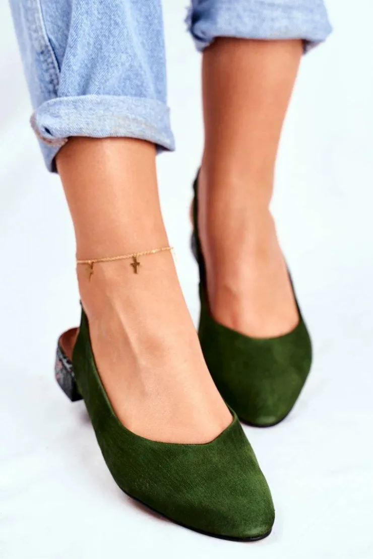 Maciejka Czółenka Zamszowe|Baleriny Skórzane*Baleriny Na Obcasie Zielone 04482-09