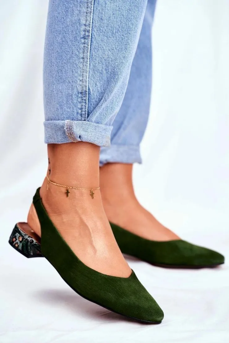 Maciejka Czółenka Zamszowe|Baleriny Skórzane*Baleriny Na Obcasie Zielone 04482-09