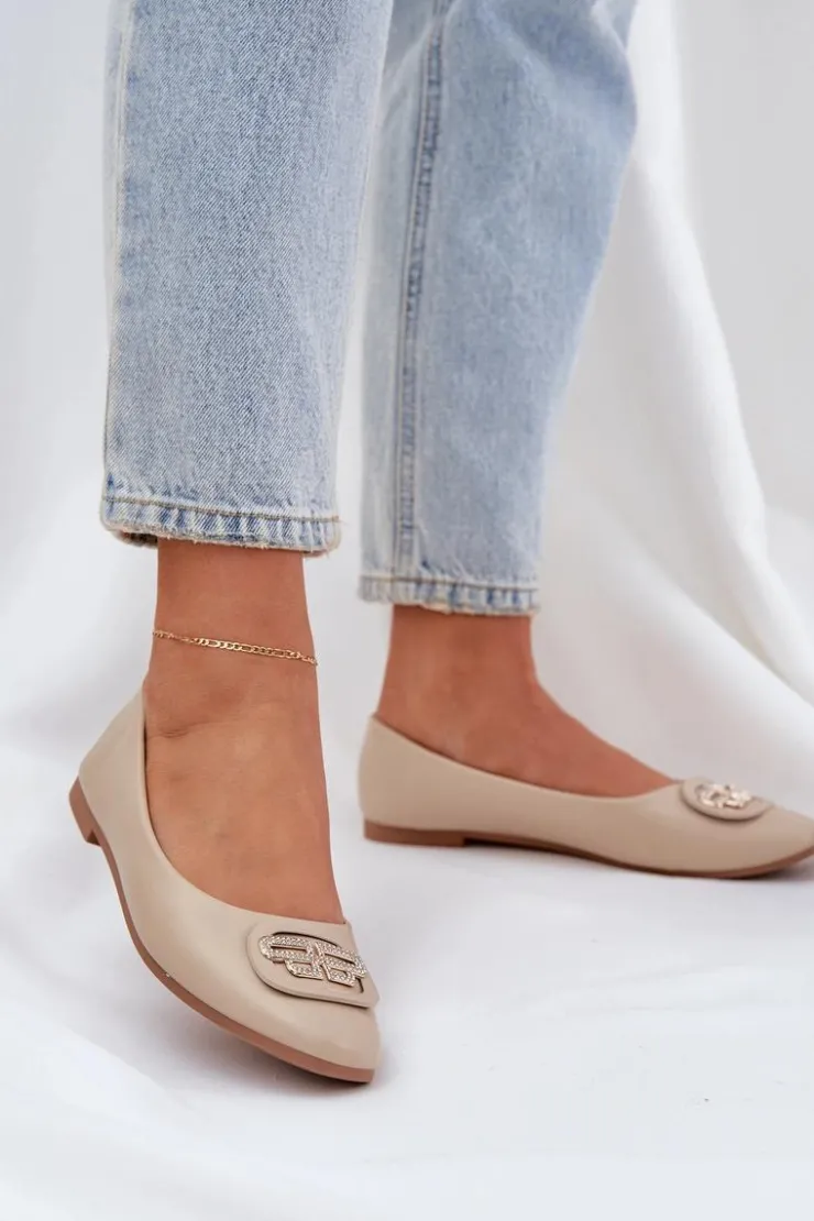 Boto Baleriny Skórzane|Baleriny Klasyczne*Baleriny Na Płaskiej Podeszwie Z Ozdobą Beżowe Ainoria Beżowy