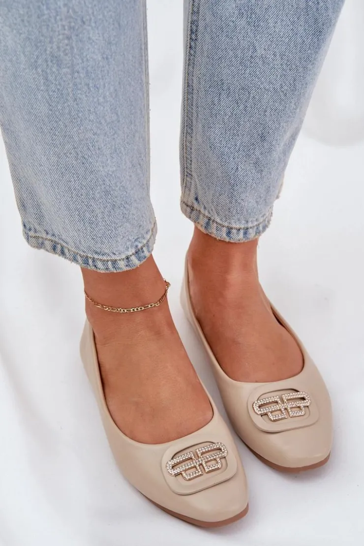 Boto Baleriny Skórzane|Baleriny Klasyczne*Baleriny Na Płaskiej Podeszwie Z Ozdobą Beżowe Ainoria Beżowy