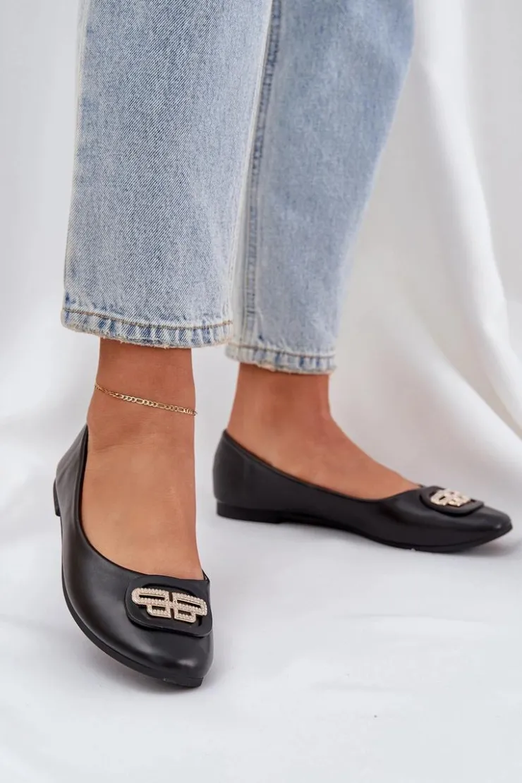 Damskie Boto Baleriny Na Płaskiej Podeszwie Z Ozdobą Czarne Ainoria