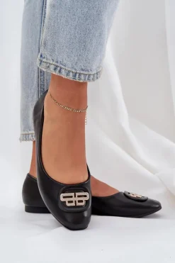 Damskie Boto Baleriny Na Płaskiej Podeszwie Z Ozdobą Czarne Ainoria