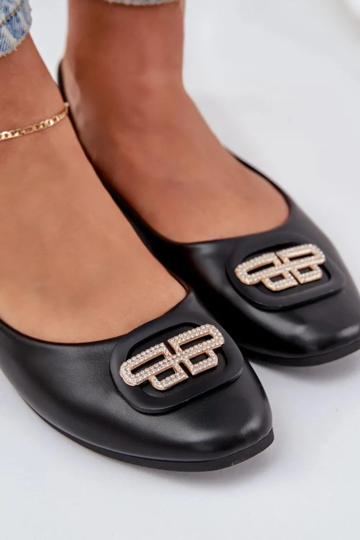 Damskie Boto Baleriny Na Płaskiej Podeszwie Z Ozdobą Czarne Ainoria