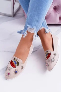 Boto Baleriny Klasyczne*Beżowe Damskie Baleriny Naszywki Princess