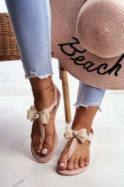 Damskie Boto Beżowe Damskie Gumowe Sandałki Japonki Kokarda Etta