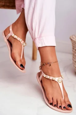 Boto Sandały Gumowe|Sandały Płaskie*Beżowe Damskie Gumowe Sandałki Japonki Perełki Denise