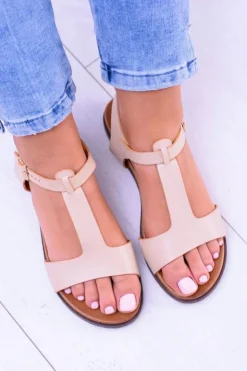 Online Boto Beżowe Damskie Płaskie Sandałki Sunnyside