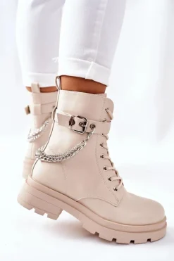 Boto Czarne Botki|Botki Zimowe Damskie*Beżowe Workery Botki z Łańcuchem Midtown