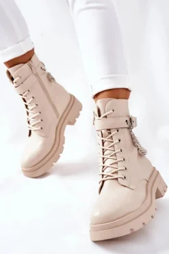 Boto Czarne Botki|Botki Zimowe Damskie*Beżowe Workery Botki z Łańcuchem Midtown