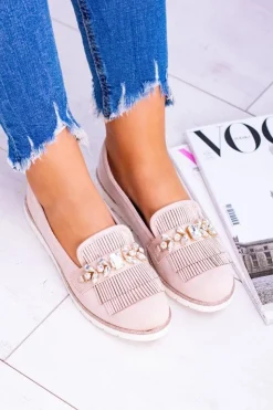 Boto Mokasyny Damskie Zamszowe*Beżowe Zamszowe Mokasyny z Kryształami Vivaro