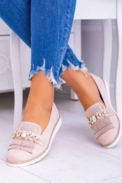 Boto Mokasyny Damskie Zamszowe*Beżowe Zamszowe Mokasyny z Kryształami Vivaro