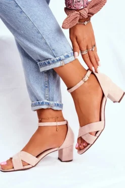 Boto Sandały Na Obcasie*Beżowe Zamszowe Sandałki na Słupku Nela