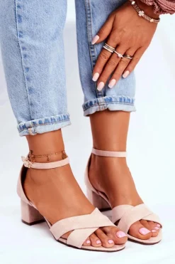 Boto Sandały Na Obcasie*Beżowe Zamszowe Sandałki na Słupku Nela