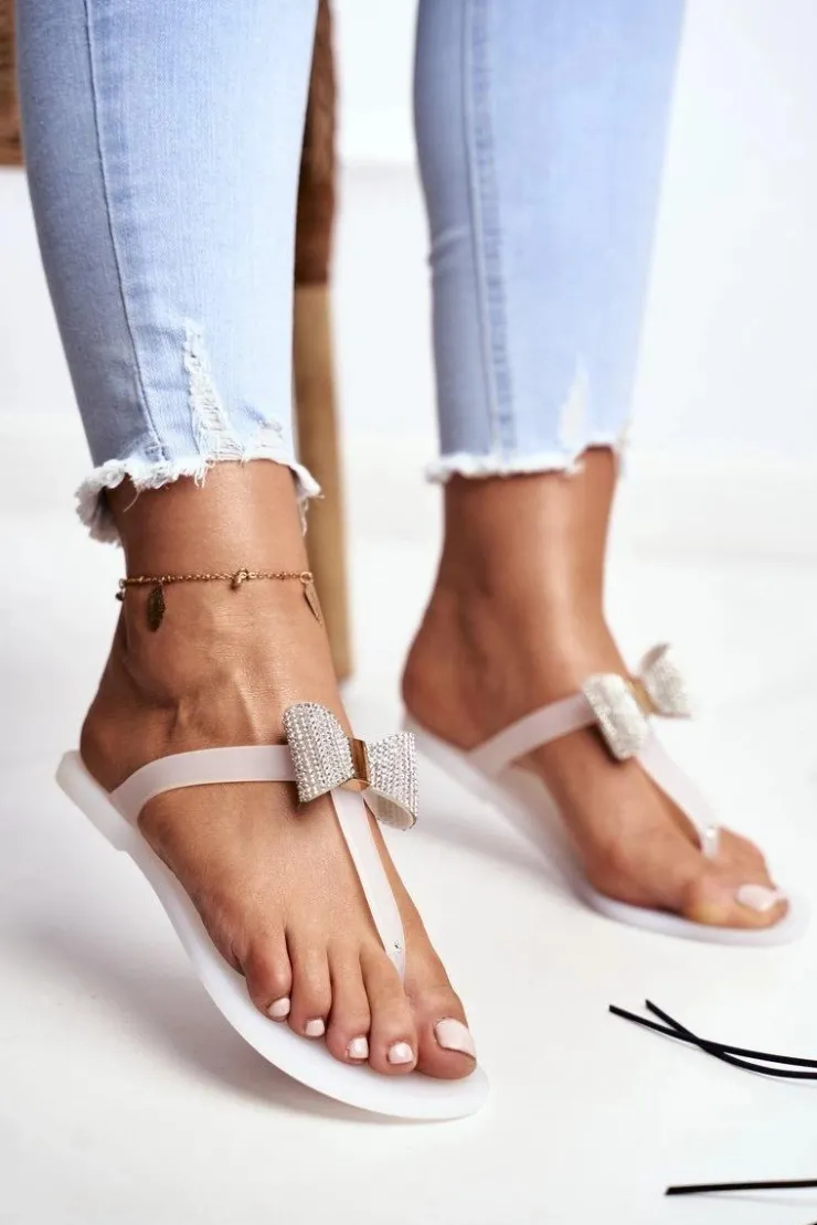 Damskie Boto Białe Damskie Klapki Japonki Meliski z Kokardką Cekiny Morello