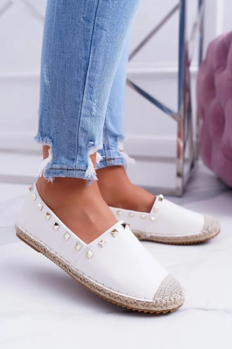 Boto Baleriny Klasyczne*Białe Wsuwane Espadryle z Ćwiekami Christiane