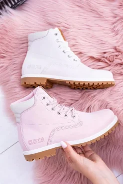 Big Star Shoes Damskie Trapery|Botki Sznurowane*Big Star Botki Damskie Timberki Traperki Pudrowy Róż Timon