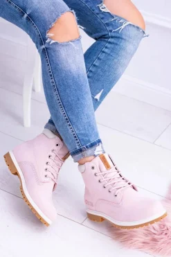 Big Star Shoes Damskie Trapery|Botki Sznurowane*Big Star Botki Damskie Timberki Traperki Pudrowy Róż Timon