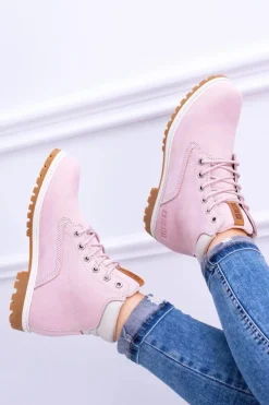 Big Star Shoes Damskie Trapery|Botki Sznurowane*Big Star Botki Damskie Timberki Traperki Pudrowy Róż Timon