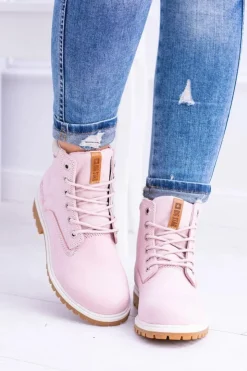 Big Star Shoes Damskie Trapery|Botki Sznurowane*Big Star Botki Damskie Timberki Traperki Pudrowy Róż Timon