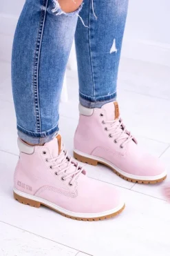 Big Star Shoes Damskie Trapery|Botki Sznurowane*Big Star Botki Damskie Timberki Traperki Pudrowy Róż Timon