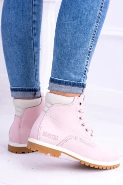Big Star Shoes Damskie Trapery|Botki Sznurowane*Big Star Botki Damskie Timberki Traperki Pudrowy Róż Timon