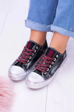 Big Star Shoes Trampki Damskie Big Star|Trampki Damskie Niskie*Big Star Czarne Posrebrzane Tenisówki Trampki BB274013