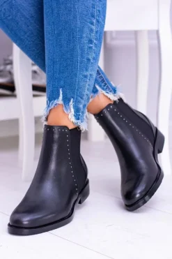 Damskie Big Star Shoes BIG STAR Skórzane Botki Sztyblety Czarne BB274611