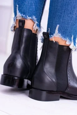 Damskie Big Star Shoes BIG STAR Skórzane Botki Sztyblety Czarne BB274611