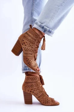 Damskie Boto Botki Ażurowe Na Obcasie Camel Letya