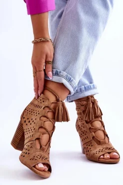 Damskie Boto Botki Ażurowe Na Obcasie Camel Letya