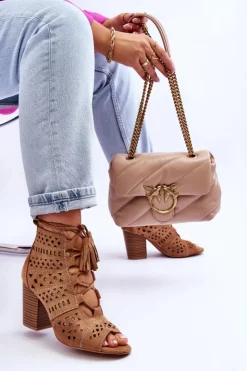 Damskie Boto Botki Ażurowe Na Obcasie Camel Letya
