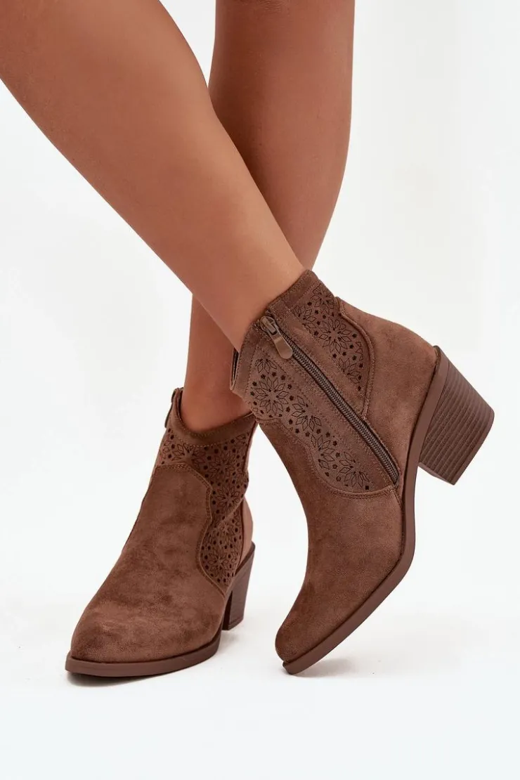 New Damskie buty S.Barski Botki Damskie Ażurowe Na Obcasie S.Barski HY52-529 Brązowe Brązowy